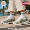 Skechers x Jimmy Buffett D'Lites White Tropical Sneakers featuring palm tree, boat, and musician graphics on platform soles.
