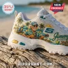 Skechers x Jimmy Buffett D'Lites White Tropical Sneakers featuring a graphic of Jimmy Buffett playing acoustic guitar.
