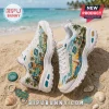 Skechers x Jimmy Buffett D'Lites White Tropical Sneakers featuring beach art, palm trees, and a Jimmy Buffett guitar print.