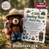 Smokey Bear Felt Pocket Hug Doll holding a shovel, wearing a hat and blue pants, next to a poem card on forest floor.