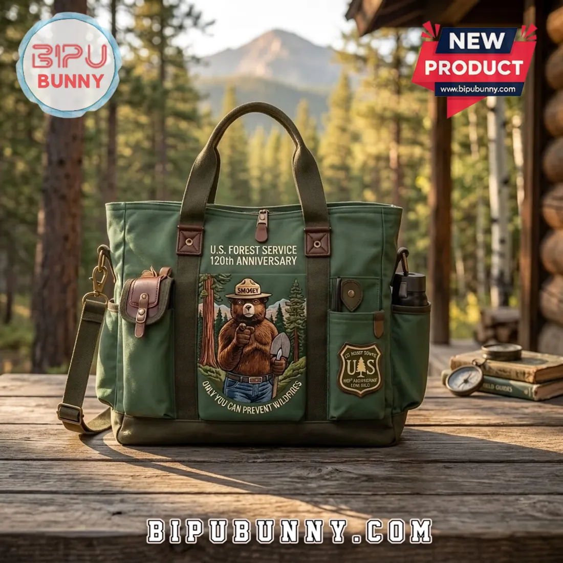 Smokey Bear USFS 120th Anniversary Green Canvas Tote Bag Smokey Bear USFS 120th Anniversary Green Canvas Tote Bag