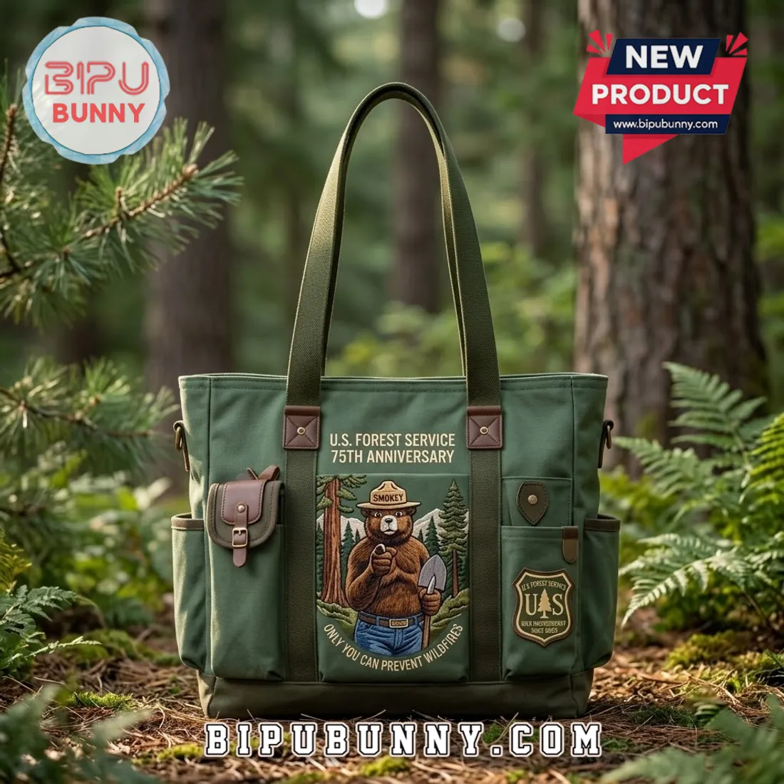 Smokey Bear USFS 120th Anniversary Green Canvas Tote Bag Smokey Bear USFS 120th Anniversary Green Canvas Tote Bag