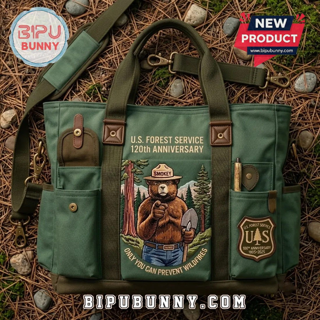 Smokey Bear USFS 120th Anniversary Green Canvas Tote Bag Smokey Bear USFS 120th Anniversary Green Canvas Tote Bag