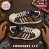 Snoop Dogg Fo Shizzle Embroidered Casual Shoes featuring blue paisley patterns, gold portrait graphics, and white accents.