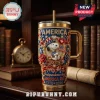 Snoopy America 250th Anniversary YETI 40oz Tumbler featuring patriotic Snoopy, American flag, and gold trim details.