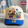 Snoopy Autism Awareness Cream Blue Baseball Cap featuring embroidered Charlie Brown, Snoopy, and puzzle piece designs.