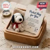 Snoopy Dog Felt Ornament with Pocket Hug Card featuring a miniature white beagle plush with a red scarf in a wooden box.