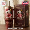 Snoopy Valentine Edition YETI 40oz Tumbler in metallic dark red featuring Snoopy holding a red heart and Woodstock.