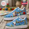Snoopy x Autism Awareness Blue Air Force 1 Sneakers featuring Charlie Brown, puzzle piece swooshes, and Be Kind lettering.