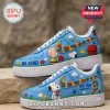 Snoopy x Autism Awareness Blue Air Force 1 Sneakers featuring Charlie Brown, puzzle piece swooshes, and clouds on leather.