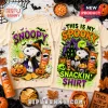 Snoopy x Pringles Halloween Spooky Snackin T-Shirt featuring Snoopy in a witch hat with Pringles, pumpkins, and ghosts.