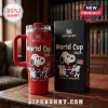 Snoopy x World Cup 2026 Stanley Tumbler 40oz in red featuring a Snoopy soccer graphic with a USA flag and presentation box.