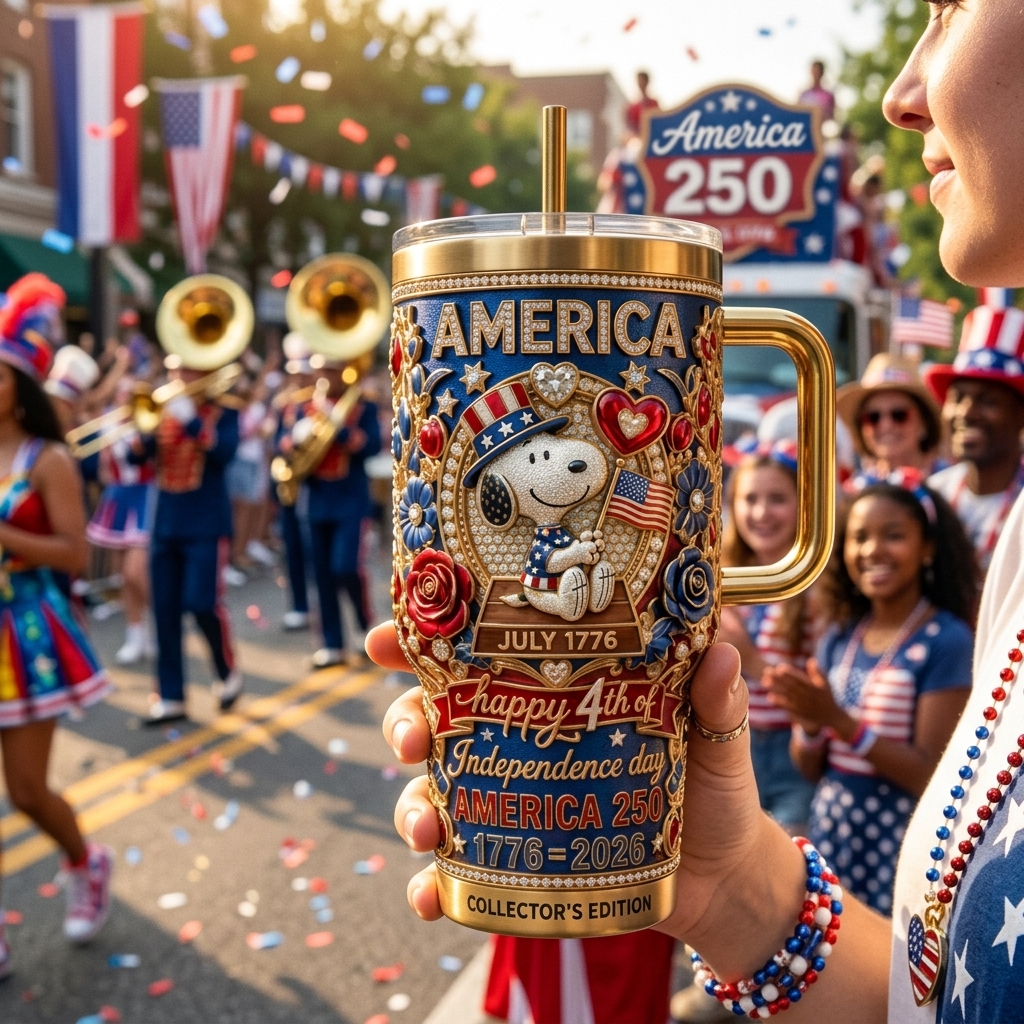 person holding snoopy america 250th anniversary tumbler at an outdoor parade