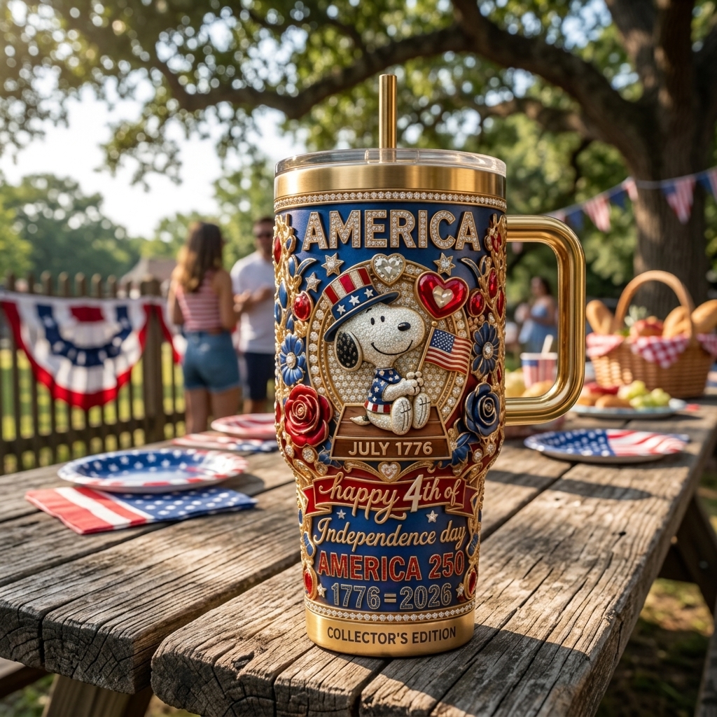 snoopy america 250th anniversary tumbler on a picnic table during 4th of july