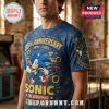 Sonic the Hedgehog 35th Anniversary Limited Edition Shirt featuring blue fabric, gold rings, emeralds, and character graphics.