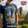 Sonic the Hedgehog 35th Anniversary Limited Edition Shirt featuring Sonic, gold rings, and emeralds on a dark blue fabric.