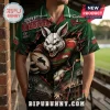 South Sydney Rabbitohs mascot button down Hawaiian shirt with red and green rugby graphics and white rabbit illustration.