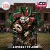 South Sydney Rabbitohs mascot button down Hawaiian shirt in green and red with football imagery and stadium graphics.