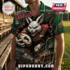 South Sydney Rabbitohs mascot button down Hawaiian shirt in green and red with aggressive rabbit holding a rugby ball.