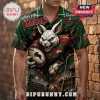 South Sydney Rabbitohs mascot button down Hawaiian shirt featuring a graphic print of a rabbit athlete in red and green.