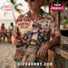 South Sydney Rabbitohs NRL Hawaiian shirt featuring team logos, beer motifs, and tropical foliage in red, green, and beige.