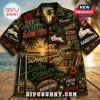 South Sydney Rabbitohs Vintage Mascot Hawaiian Shirt featuring tropical sunset, rabbit illustrations, and team text.