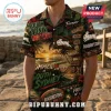 South Sydney Rabbitohs Vintage Mascot Hawaiian Shirt featuring a beach sunset, team logos, and rabbit graphics in red-green.