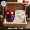 Spider-Man Felt Pocket Hug doll with red and blue yarn texture next to a printed card in a wooden gift box.