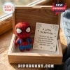 Spider-Man Felt Pocket Hug inside a wooden box with a message card featuring spiderweb illustrations and text.