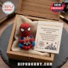Spider-Man Handmade Felt Pocket Hug miniature toy sitting in a wooden box with an inspirational hero themed note card.