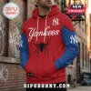 Spider-Man x MLB Teams 2026 Edition Hoodie featuring New York Yankees logo, red web pattern, and blue sleeves.