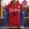Spider-Man x MLB Teams 2026 Edition Hoodie featuring New York Yankees logo and red and blue web pattern graphic design.