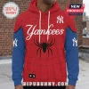 Spider-Man x MLB Teams 2026 Edition Hoodie featuring red webbing print, New York Yankees logo, and blue sleeves.