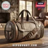 Star Wars Mandalorian Embossed Utility Duffle Bag featuring a weathered brown helmet design and synthetic leather texture.