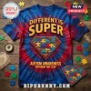 Superman Autism Awareness shirt featuring a red and blue tie-dye pattern, puzzle piece emblem, and inspirational text.