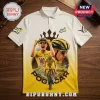 Tadej Pogacar 5x Tour De France Winner Polo Shirt in cream with yellow gradient, featuring a cycling champion graphic.