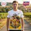 Tadej Pogacar 5x Tour De France Winner Polo Shirt featuring athlete imagery, yellow background, and cycling graphics.