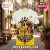 Tadej Pogacar 5x Tour De France Winner Polo Shirt featuring a yellow jersey cyclist graphic on a cream fabric background.