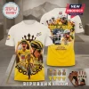 Tadej Pogacar Tour De France 2026 Winner Yellow Shirt featuring graphic collages of the cyclist, mountains, and race trophies.