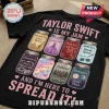 Taylor Swift Eras Tour Jam black t-shirt featuring eight glass jars with era-specific graphics and text on a dark fabric.