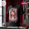 Taylor Swift Eras Tour Jam Black T-Shirt featuring a portrait of the singer with a purple nebula background and signature.
