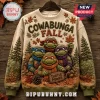 Teenage Mutant Ninja Turtles Cowabunga Fall Beige Ugly Sweater featuring four turtles in a forest with autumn leaves.
