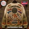 Teenage Mutant Ninja Turtles Cowabunga Fall Beige Ugly Sweater featuring manhole covers, pizza, weapons, and autumn leaves.