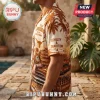 Texas Longhorns Austin TX Summer Hawaiian shirt featuring brown tropical graphics, palm trees, and university team text.