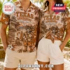 Texas Longhorns Bevo Mascot Hawaiian shirt featuring a tropical beach scene, palm trees, and brown color palette.