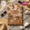 Texas Longhorns Bevo Mascot Hawaiian shirt featuring a tropical beach scene, palm trees, surfboard, and orange color palette.