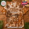 Texas Longhorns Bevo Mascot Hawaiian shirt featuring a tropical beach scene, surfboard, and orange floral patterns.