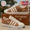 Texas Longhorns Burnt Orange leather sneakers featuring a bull mascot, stadium graphics, and white athletic soles.