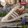 Texas Longhorns Burnt Orange leather sneakers featuring a bull mascot graphic on a cream-colored background.