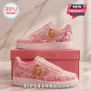 Thank You Dolly Parton Pink Air Force 1 Custom Sneakers featuring portraits, guitar graphics, and glittery butterfly decals.